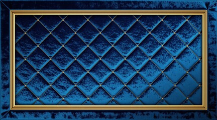 Obraz premium Dark blue velvet panel with quilted diamond texture. Rectangular wall decoration features gold trim frame. Soft padded textile surface luxury geometric pattern for interior design. Stylish furniture