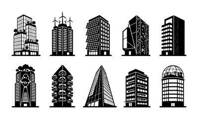 Obraz premium Modern Architecture Icons, Futuristic Buildings Set, Eco-Friendly Cityscape Elements, Diverse High-Rise Designs