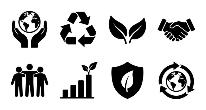 Eco Icons Set: Earth Care, Recycling, Growth, Community, Shield, Partnership