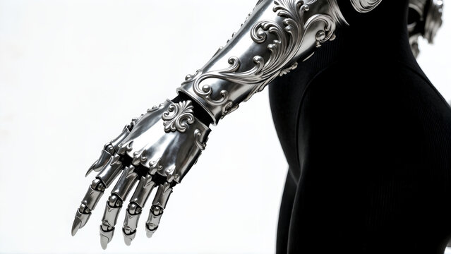 Close-up of an intricate silver robotic gauntlet with ornate filigree and metallic fingers.