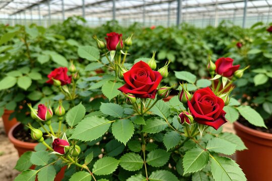 Small red spray roses bloom in brown pots inside professional greenhouse. Rich green leaves grow on stems with many flower buds. Potted plants cultivate for floral shop market sale. Organic nature