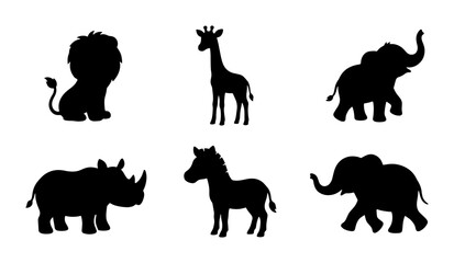 African Safari Animal Silhouettes, Vector Set: Lion, Giraffe, Elephant, Zebra, Rhino © Rohomot