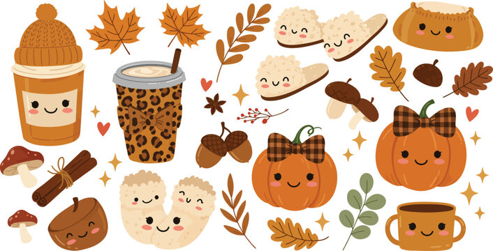 A collection of cute autumn themed illustrations featuring smiling pumpkins coffee cups cozy slippers acorns and fall leaves on white background