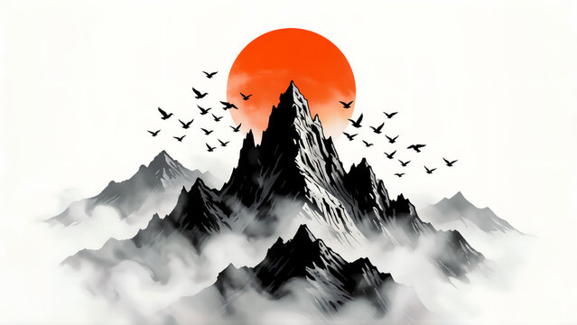 Traditional Japanese ink wash painting style with mountain landscape and rising sun.