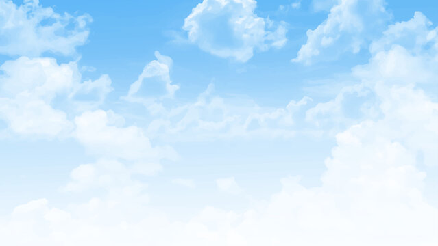 Morning blue sky with clouds layers. Puffy cumulus clouds pattern. Blue sky backdrop. Calm cloud background.