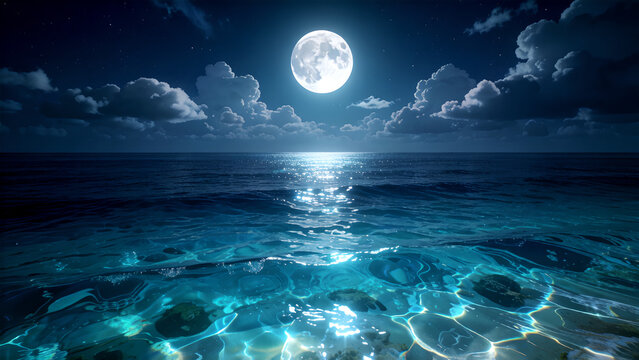 Bright full moon shining over a serene ocean with clear water and cloudy night sky.
