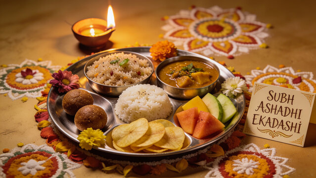 A traditional Ashadhi Ekadashi Farali thali served with Sabudana Khichdi, Bhagar, curry, fruits, and snacks alongside a glowing diya. Celebrate holy fasts with devotion and delicious sattvic food!