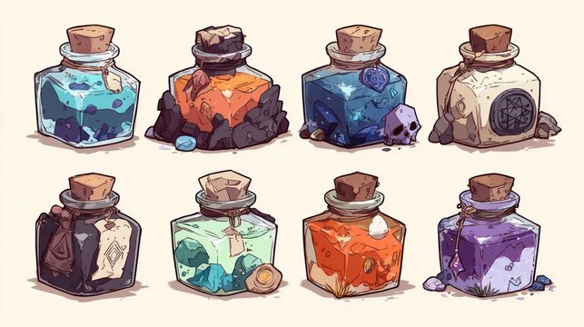 Nine colorful glass bottles with cork stoppers, filled with various enchanted substances, set on a light beige background.  Each bottle contains different magical elixirs, gems, and crystals,