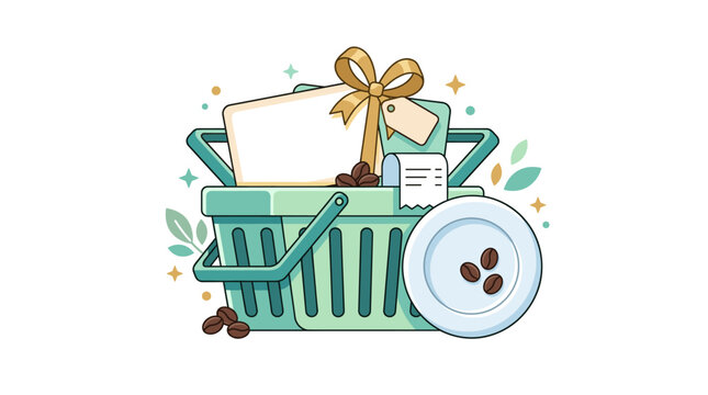 Coffee shopping basket with gift tag and receipt