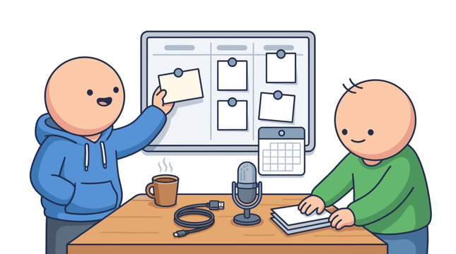 Team planning meeting with whiteboard and podcast equipment