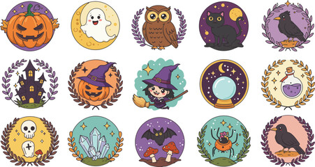Obraz premium A collection of fifteen colorful halloween stickers featuring cute spooky characters like ghosts pumpkins witches owls and bats on white background