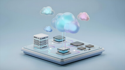 Fototapeta premium Advanced Cloud Computing Technology: 3D Render of Data Servers, Processors, and Digital Network Connections for Global Data Management