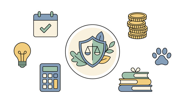 Law and finance icons with calendar and lightbulb