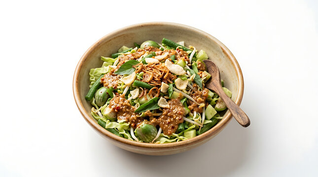 Traditional Sundanese Karedok Salad with Spicy Peanut Sauce in a Ceramic Bowl
