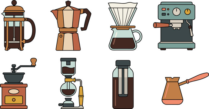 Colorful Coffee Brewing Equipment Icon Set with French Press Moka Pot and Espresso Machine