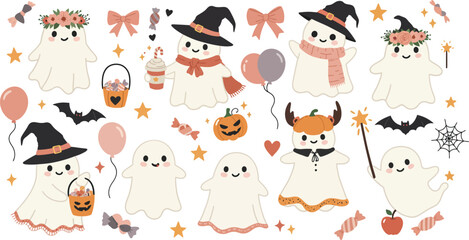 Obraz premium Cute cartoon ghost collection featuring various characters wearing witch hats and flower crowns with pumpkins and balloons for halloween party decor
