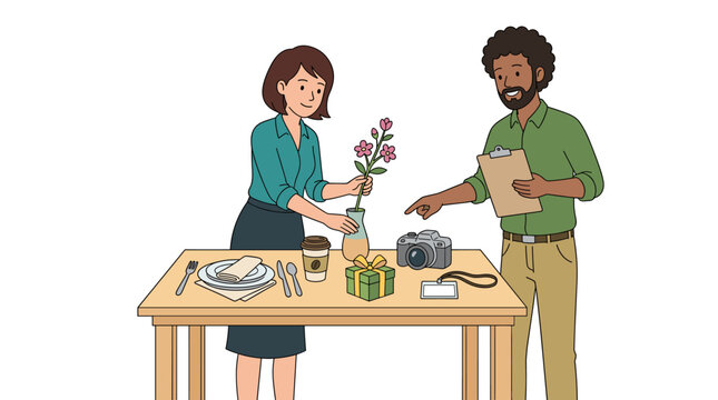 People arranging table setting and gift with camera