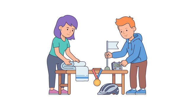 People preparing for sports competition with timer and medal