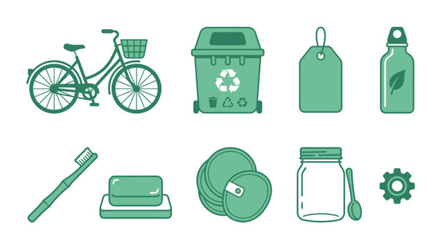Eco friendly lifestyle icons set green flat design
