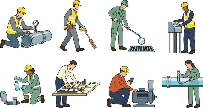 Utility Maintenance Workers Inspecting Pipelines, Pumps, Sewers and Water Systems Illustration Set