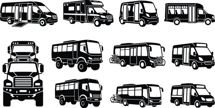Black Public Transportation Bus and Shuttle Vehicle Silhouette Illustration Collection