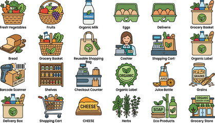 Fototapeta premium Organic Grocery and Supermarket Icon Set with Fresh Food Vegetables Shopping Bags and Retail Elements for Healthy Lifestyle Designs