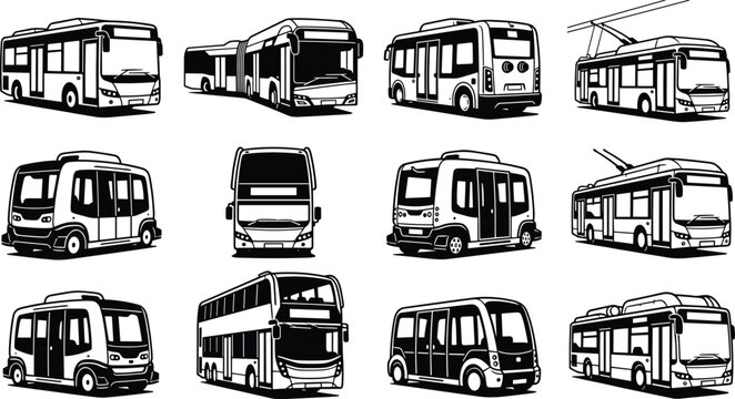 Black and White Public Transport Bus Collection with Articulated Trolleybus and Double Decker Vehicles