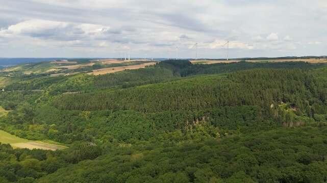 Moselle valley landscape, grassland and forest, summer meadow with flowers, wind turbines on mountain, rhineland palatinate, Germany, aerial view