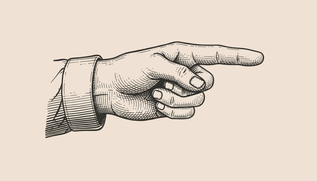Hand gesture showing a pointing finger is depicted in an etched style to indicate direction or focus.