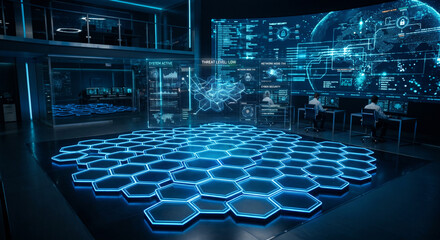 Naklejka premium Futuristic digital command center featuring holographic data interfaces, high-tech control panels, and a glowing hexagonal floor pattern
