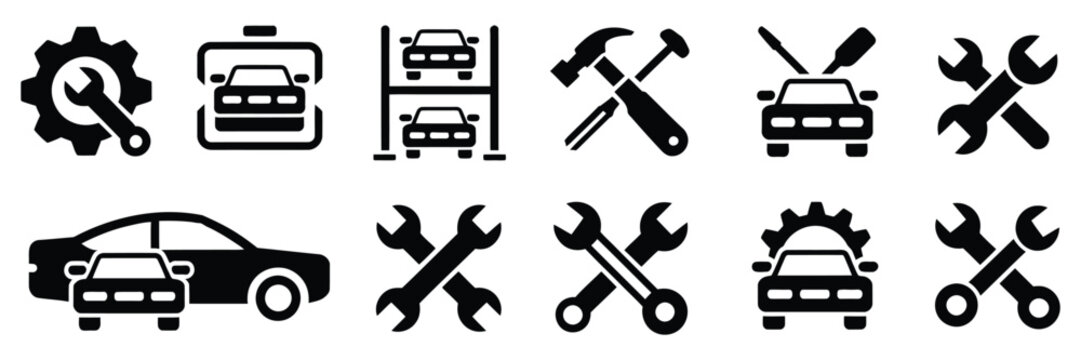 Automotive service icon set, featuring car repair, tools, gear, engine, diagnostics, garage maintenance, workshop equipment, editable stroke, and clean vector design.