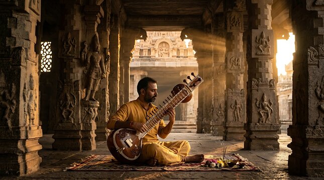 Indian man playing sitar in a beautiful ancient stone temple
