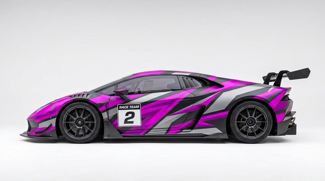 Purple and grey geometric race car livery.