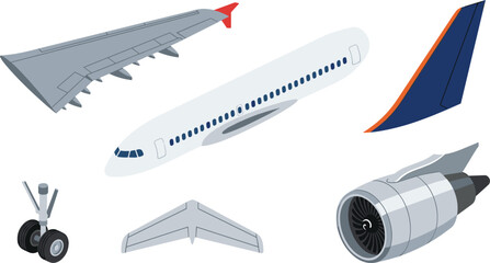 Commercial Airplane Component Vector Collection featuring Fuselage Wing Jet Engine Turbine Tail Fin and Landing Gear for Aviation Engineering and Aerospace Industry Designs © MdJaynal
