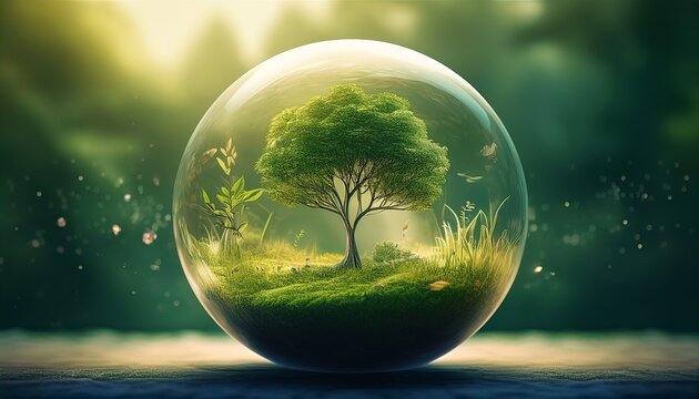 La Nature Dans Une Boule En Verre Avec Un Arbre Et De L Herbe Ecologie Illustration Ia Generative