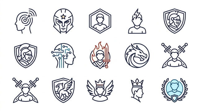 Collection of stylized icons representing fantasy and sci-fi characters and symbols.