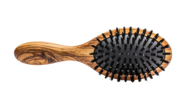 Oval olive wood hair brush with black bristles, isolated on transparent background