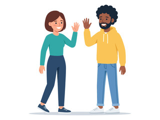 Fototapeta premium Flat vector illustration of two diverse people greeting each other with a friendly wave, representing friendship, communication, inclusion, and positive social interaction.