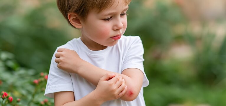 A young child outdoors scratching a red mosquito bite on their arm in a sunny garden setting.