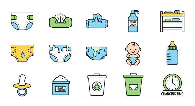 Infant care and nursery essentials icon collection.