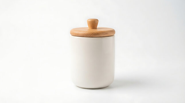 Empty ceramic spice jar with bamboo lid for kitchen storage. Minimalist white container for herbs, seasoning, and health care product packaging.