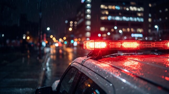 Police Car with Flashing Emergency Lights at Night