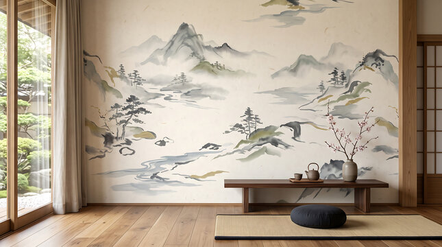 Traditional Japanese Ink Wash Painting Mural in Serene Room.