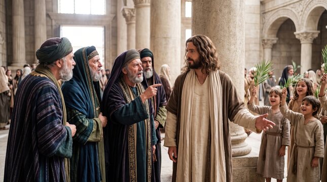 Jesus talking with pharisees in ancient Jerusalem temple. Religious scene depicting biblical parable dispute. Cinematic representation of historical event from the Gospel of Matthew.