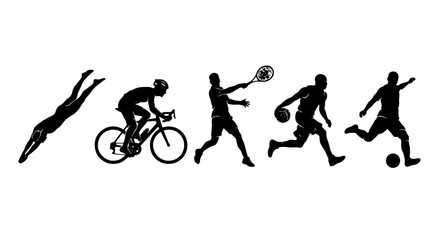 Obraz premium Dynamic Sports Silhouettes: Swimmer, Cyclist, Tennis Player, Basketball Player, Soccer Player Vector Icons for Active Lifestyle and Fitness Graphics