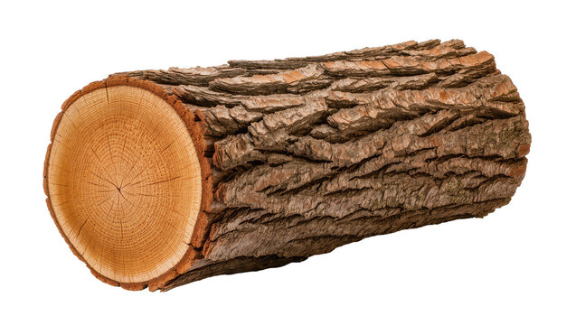 Rough bark tree log with visible growth rings, isolated on transparent background