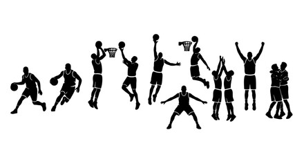 Obraz premium Basketball Player Silhouettes, Dynamic Action Poses, Sports Vector Icons, Game Performance Graphics, Athletic Movement Collection