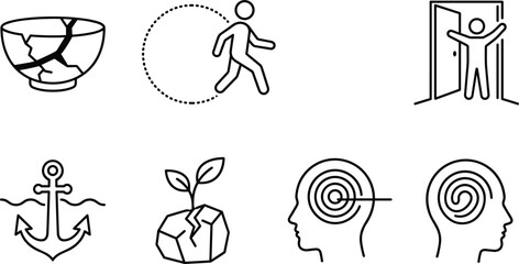 Obraz premium Mental Health Psychology and Personal Growth Line Icon Set featuring Broken Bowl Comfort Zone Escape Plant Growing from Stone and Concentrated Mind Symbols