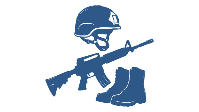 Military equipment vector icon featuring combat helmet assault rifle and tactical boots for army theme