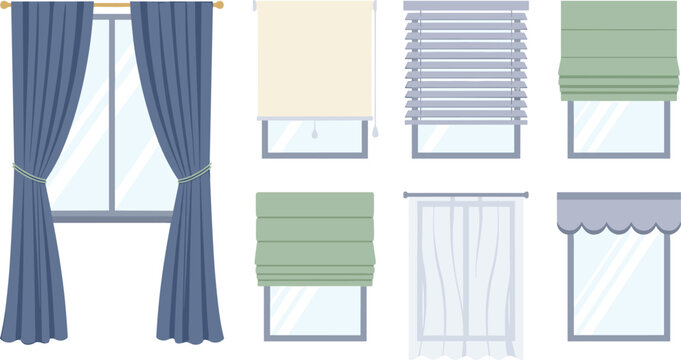 Window Treatment and Curtain Vector Collection featuring Fabric Drapes Roller Blinds Venetian Shutters Roman Shades and Valances for Interior Home Decor Designs